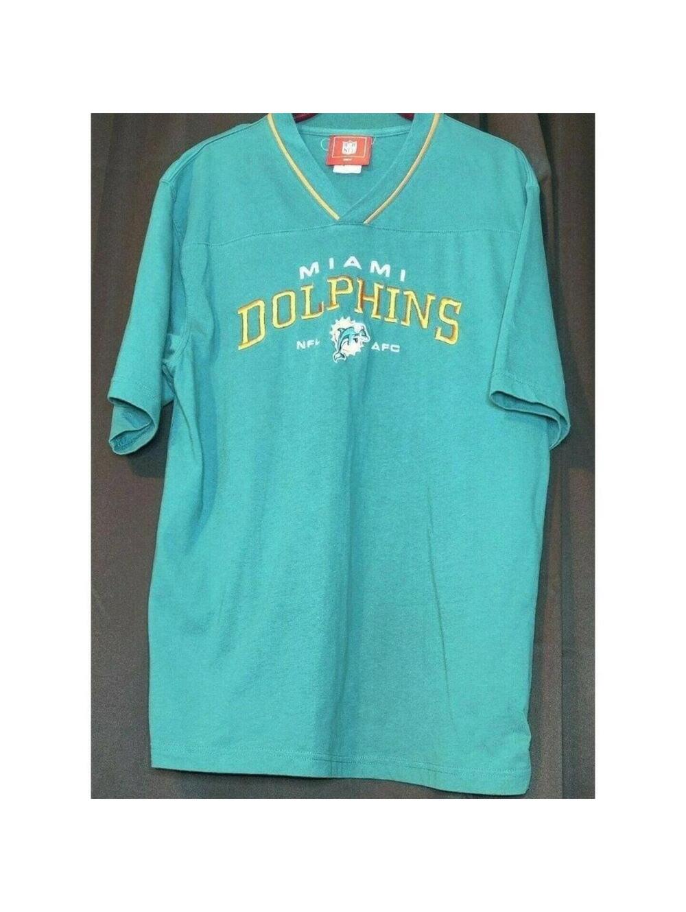 Miami Dolphins NFL Football V Neck T Shirt Mens Size Medium Teal Orange